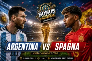 Copertina BonusHunter dedicata alla finale dei Mondiali 2026 tra Spagna e Argentina con trofeo e logo BonusHunter.
