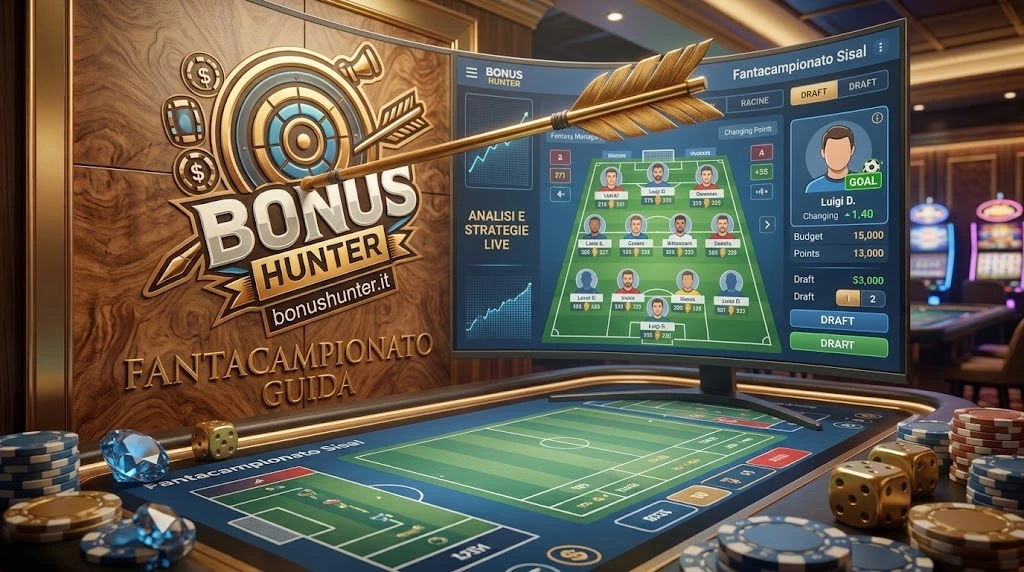 Guida completa al Fantacampionato Sisal con logo Bonus Hunter e interfaccia di gioco