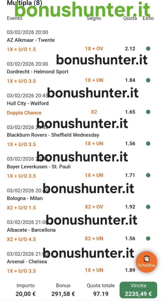 Screenshot della schedina vinta Quota 100 su BonusHunter.it con multipla da 8 eventi vincenti e quota totale 97.19