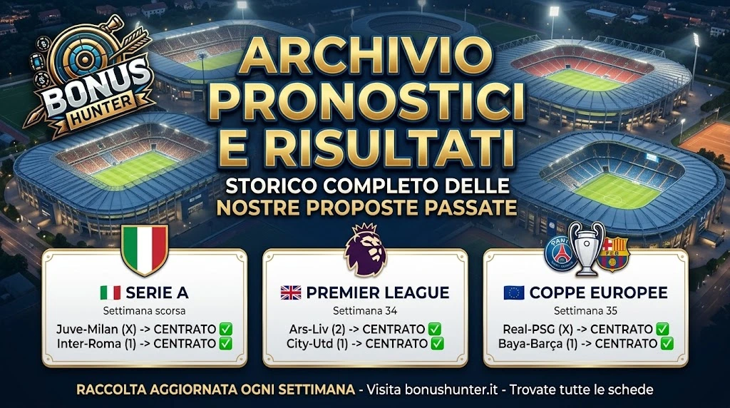 Archivio pronostici serie a premier league e coppe europee, quello che proponiamo rimane sempre visibile su BonusHunter