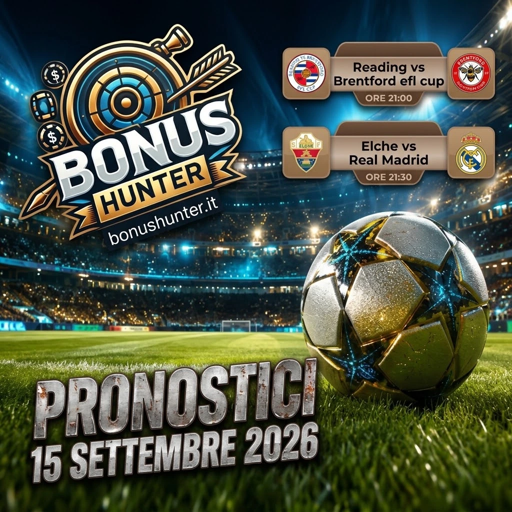 Grafica pronostici scommesse Bonus Hunter in alta definizione per il 15 Settembre 2026, con stadio illuminato, pallone da calcio in primo piano e badge ufficiali dei match Reading vs Brentford (EFL Cup) ed Elche vs Real Madrid (La Liga), con la scritta "PRONOSTICI 15 SETTEMBRE 2026" in evidenza.