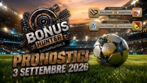 Grafica promozionale dei pronostici calcio oggi 3 settembre 2026, con tabelloni delle sfide Palermo-Mantova (Coppa Italia) e Lech Poznan-Jagiellonia (Ekstraklasa) su sfondo stadio.