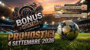 Pronostici calcio oggi 4 settembre 2026, con tabelloni delle sfide Stoccarda - Colonia (Bundesliga) e IpswichTown - Liverpool (Premier-league) su sfondo stadio.
