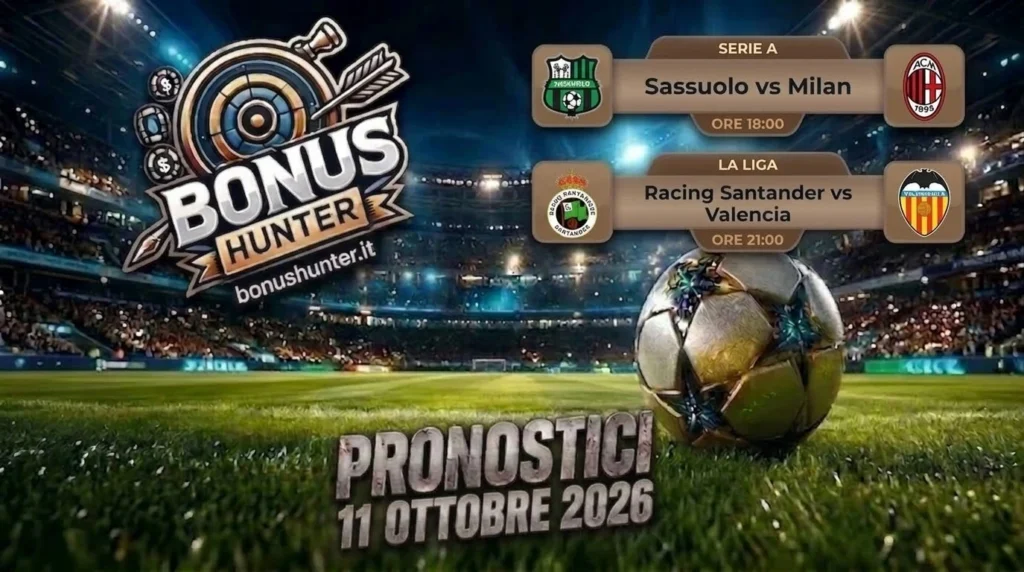 ​Banner ufficiale BonusHunter con i pronostici calcio oggi 11 ottobre 2026 per le partite Sassuolo-Milan di Serie A e Racing Santander-Valencia di La Liga.