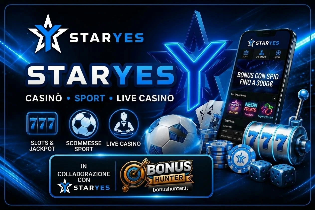 Recensione Staryes Casinò e Scommesse Sportive in collaborazione con BonusHunter con logo 3D e mockup smartphone